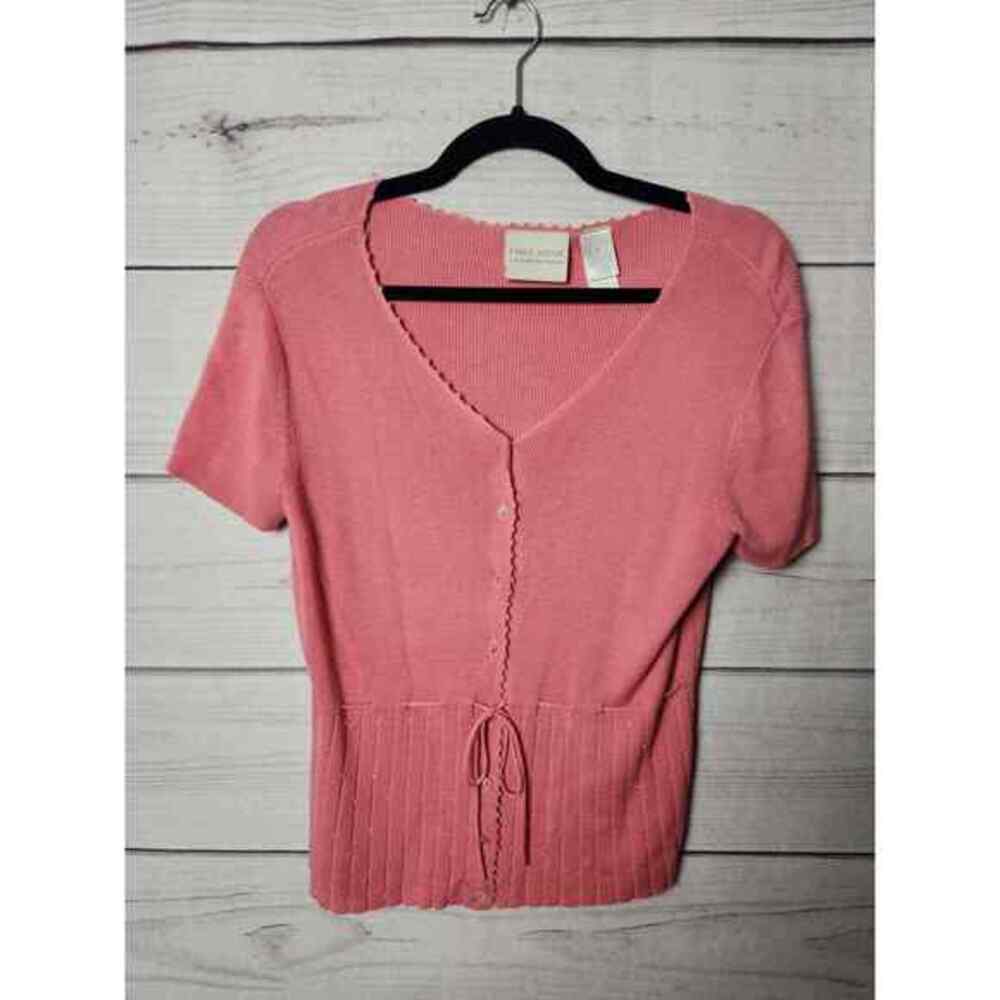 First Issue Womens V Neck Button Down Knitted Shirt Short Sleeve Pink Size Small